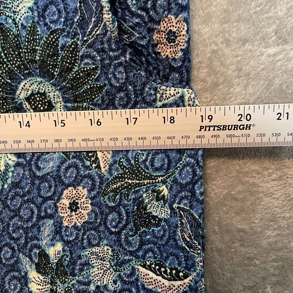 LOFT Women Floral A-Line Stretchy Knit Ruffle Puff Sleeve Office Top M Blue